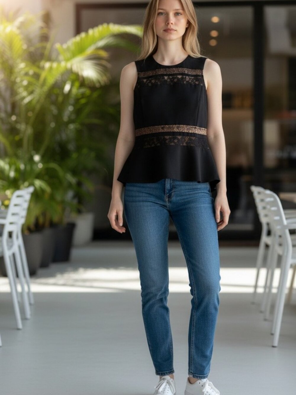 BCBGMaxAzria Black Lace-Trim Peplum Shell